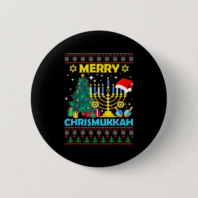 Badge Rond 5 Cm Merry Christmukkah Hanukkah Christmas Tree Xmas Fa (Devant)