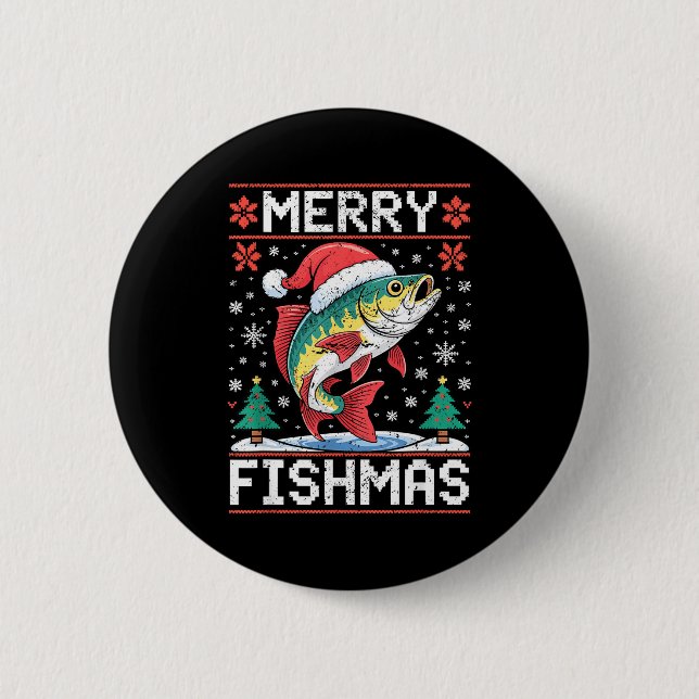 Badge Rond 5 Cm Merry Fishmas Ugly Christmas Sweater Fishing Lover (Devant)