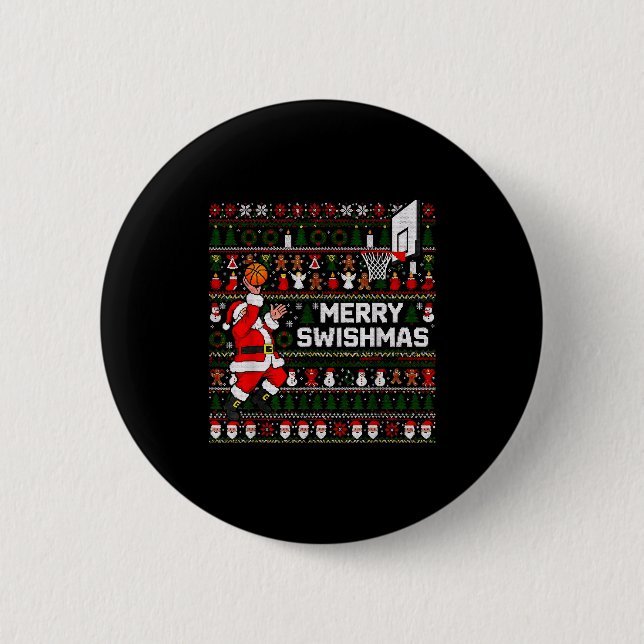 Badge Rond 5 Cm Merry Swishmas Santa Basketball Ugly Sweater Style (Devant)