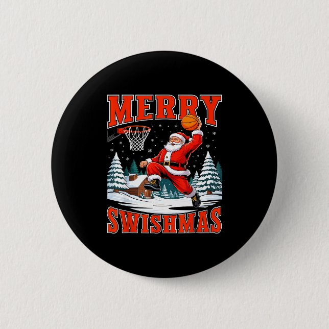 Badge Rond 5 Cm Merry Swishmas Santa Playing Basketball Christmas  (Devant)