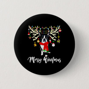 Badge Rond 5 Cm Merry Woofmas Boston Terrier Reindeer Christmas Do