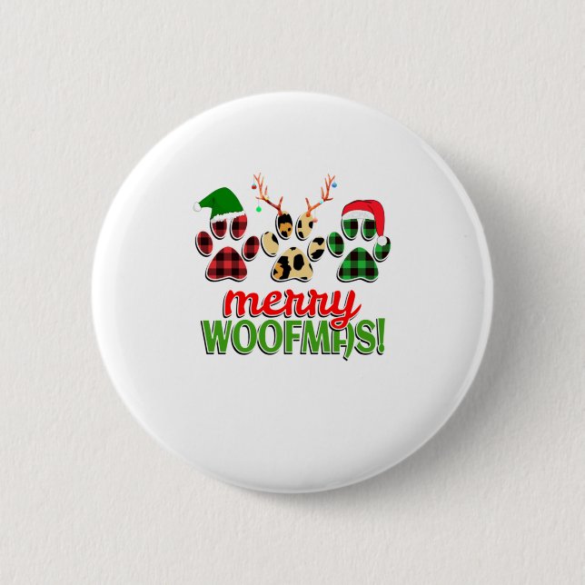 Badge Rond 5 Cm MERRY WOOFMAS Chien Paw Buffalo de Noël (Devant)