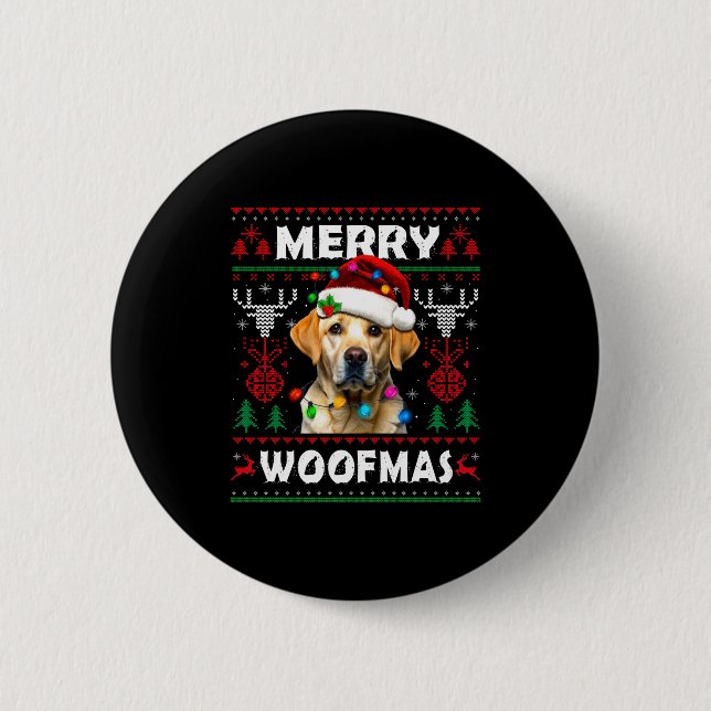 Badge Rond 5 Cm Merry Woofmas Yellow Labrador Christmas Ugly Sweat (Devant)