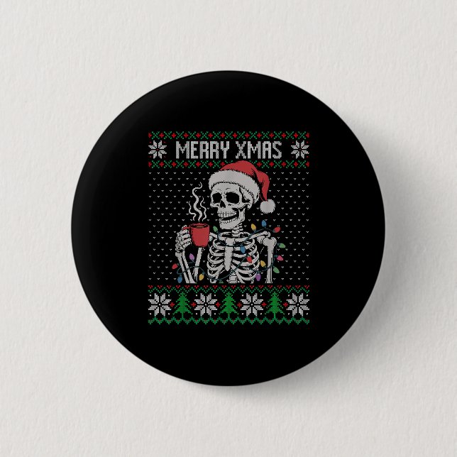 Badge Rond 5 Cm Merry Xmas Skeleton Ugly Sweater, Skull Wearing Sa (Devant)