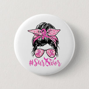 Badge Rond 5 Cm Messy Bun rose Ruban Leopard Cancer du sein guerri