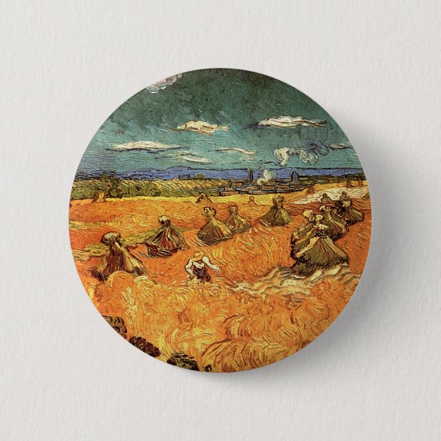 Badge Rond 5 Cm meules de blé avec moissonneuse (Devant)