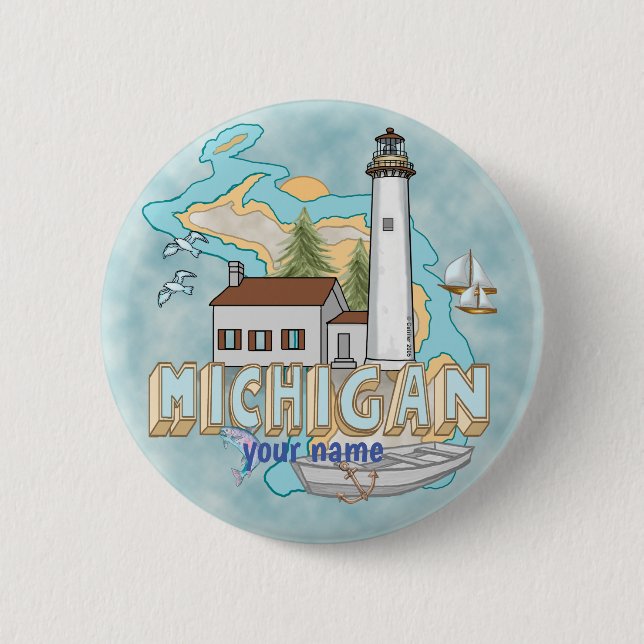 Badge Rond 5 Cm Michigan Lighthouse   bouton épinglé (Devant)