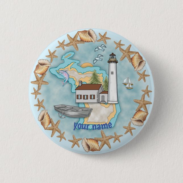 Badge Rond 5 Cm Michigan Shells Lighthouse épinglette (Devant)