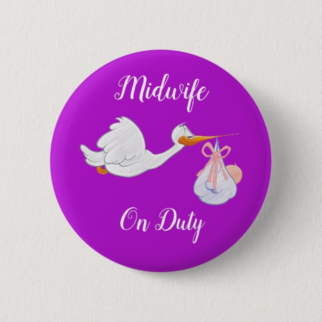 Badge Rond 5 Cm Midwife on Duty Bird With Baby Purple and White (Devant)