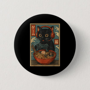 Badge Rond 5 Cm Mignon Kawaii Chat Joueur Drôle Ramen Rétro Japona