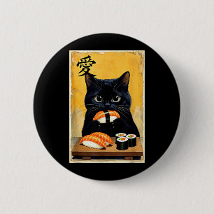 Badge Rond 5 Cm Mignon Kawaii Chat Noir Mangeant Sushi Drôle Japon