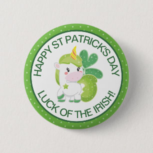 Badge Rond 5 Cm Mignon licorne et trèfle de la Saint-Patrick vert