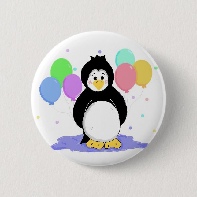 Badge Rond 5 Cm Mignon manchot avec ballons de fête (Devant)