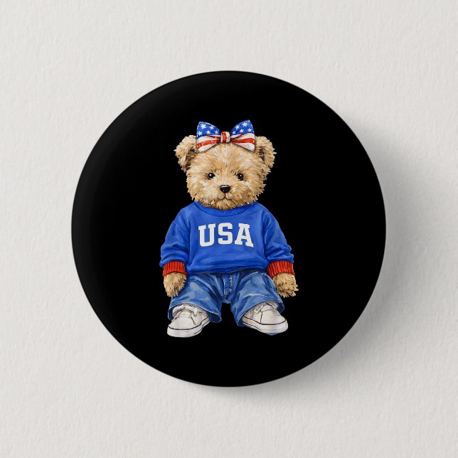 Badge Rond 5 Cm Mignon ours patriotique États-Unis 4 juillet améri (Devant)
