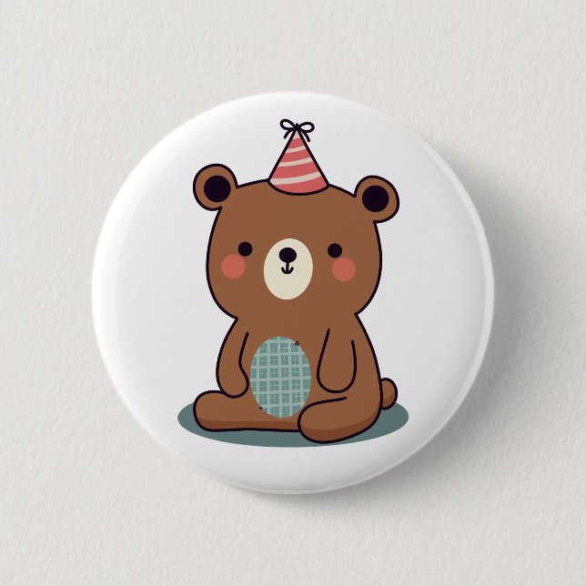 Badge Rond 5 Cm Mignon Ourson Brun de Fête  (Devant)