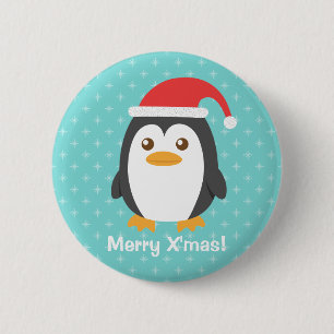 Badge Rond 5 Cm Mignon Petit Manchot avec Chapeau de Père Noël Bou