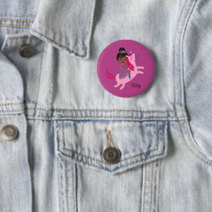 Badge Rond 5 Cm Mignonne Black Haired Girl équitation sur une lico
