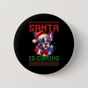 Badge Rond 5 Cm Mignonne Chien de taureau Français Santa Hat Vacan