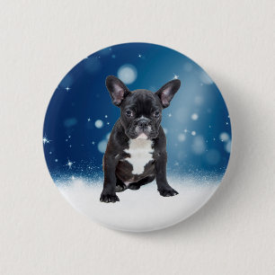 Badge Rond 5 Cm Mignonne French Bulldog Etoiles de neige Bleu Noël