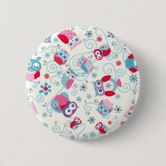 Badge Rond 5 Cm mignonne girly drôles visages hiboux fleurs tourbi (Devant)