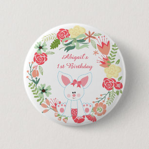 Badge Rond 5 Cm Mignonne lapin et couronne de fleurs 1er anniversa