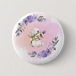Badge Rond 5 Cm Mignonne lapin et fleurs