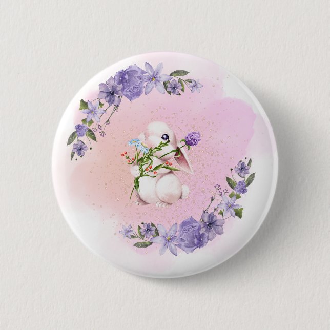 Badge Rond 5 Cm Mignonne lapin et fleurs (Devant)