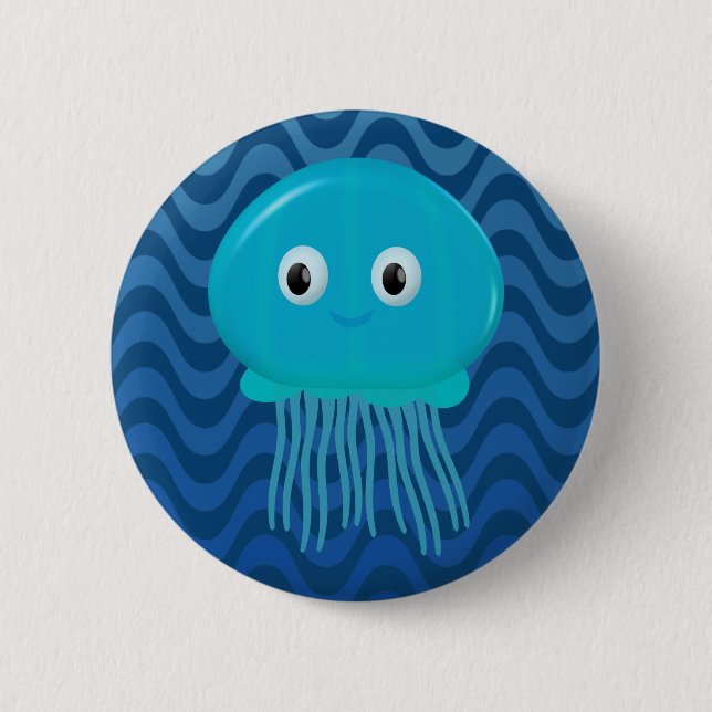Badge Rond 5 Cm Mignonne méduse Cartoon Dans Les Vagues Bleues (Devant)