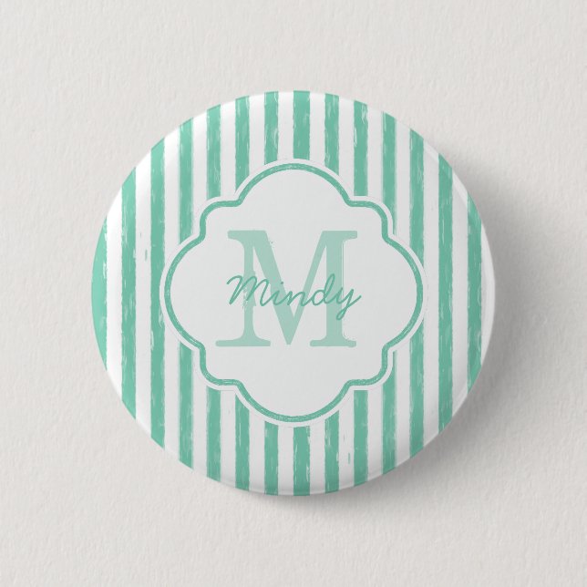 Badge Rond 5 Cm Mignonne Mint Green Peint Grilles Monogramme et no (Devant)
