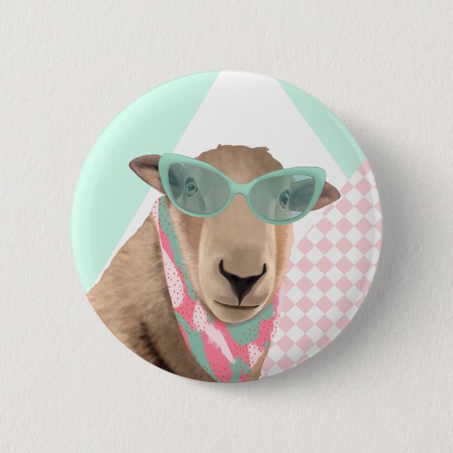 Badge Rond 5 Cm Mignonne Mouton Avec Lunettes (Devant)
