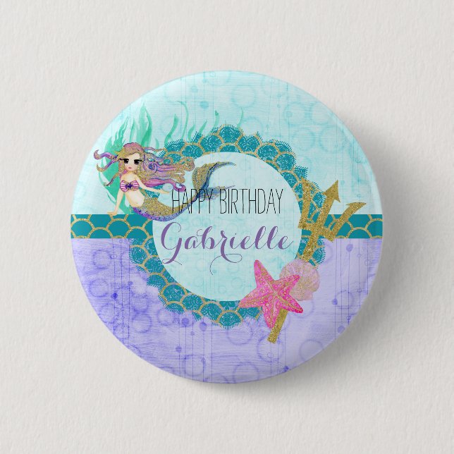 Badge Rond 5 Cm Mignonne sirène Turquoise et violet Monogramme Joy (Devant)