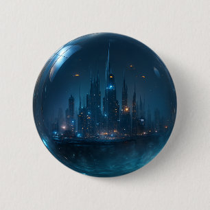 Badge Rond 5 Cm Mini-ville futuriste dans la sphère de verre Bouto
