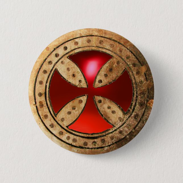 Badge Rond 5 Cm MODÈLE ANTIQUE CROIX Rouge Ruby Gem (Devant)