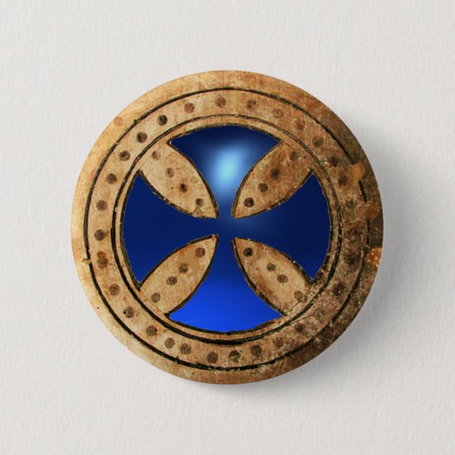 Badge Rond 5 Cm MODÈLE ANTIQUE CROSS Blue Sapphire Gem (Devant)
