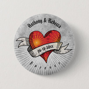 Badge Rond 5 Cm Modern Red Heart Ajouter des noms et une date