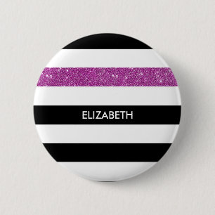 Badge Rond 5 Cm Moderne Black Stripes FAUX Purple Glitz et nom
