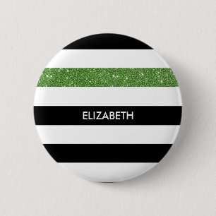 Badge Rond 5 Cm Moderne Grilles Noires FAUX Vert Glitz et nom