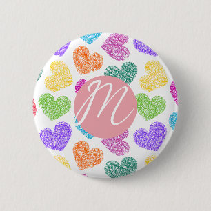Badge Rond 5 Cm Moderne Vibrant Rainbow Doodle Hearts Monogramme