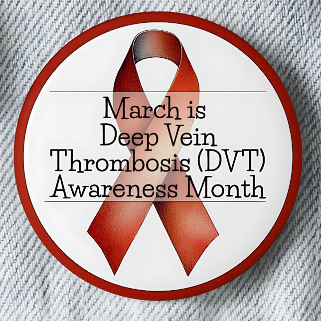 Badge Rond 5 Cm Mois de sensibilisation à la thrombose veineuse pr (March is Deep Vein Thrombosis (DVT) Awareness month. Red awareness ribbon.)
