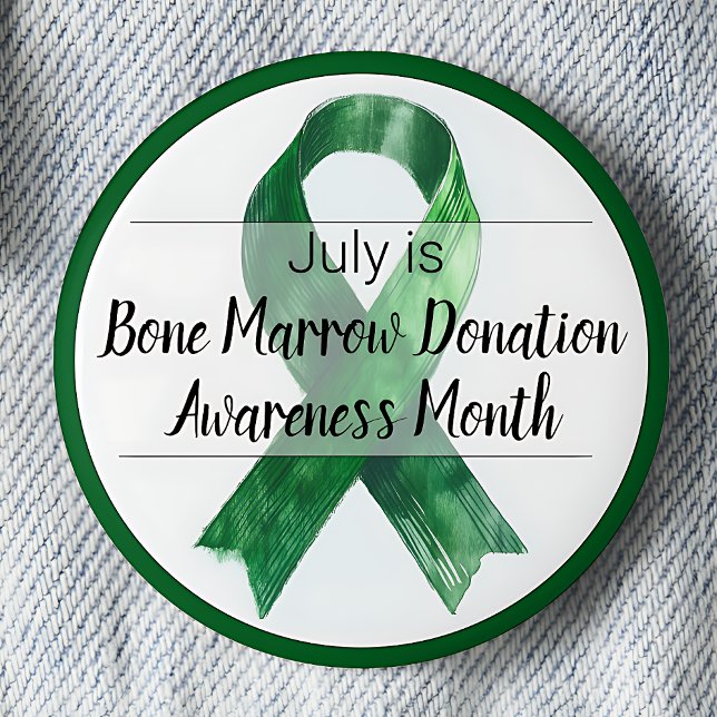 Badge Rond 5 Cm Mois de sensibilisation au don de la moelle osseus (July is Bone Marrow Donation Awareness Month pinback button. Green awareness ribbon.)