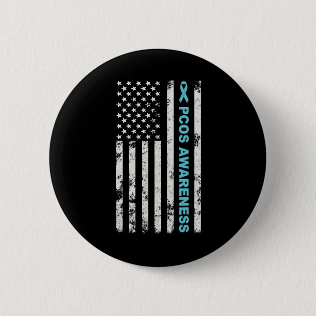 Badge Rond 5 Cm Mois De Sensibilisation Pcos Turquoise Ruban Améri (Devant)