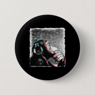 Badge Rond 5 Cm Monkey Chimp Avec Casque Chemise - Edm Dj Music