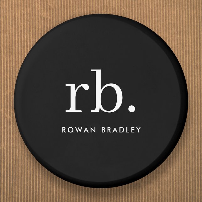 Badge Rond 5 Cm Monogram Classic Elegant Minimum Black and White (Sleek black modern monogram custom name tag button pins.)