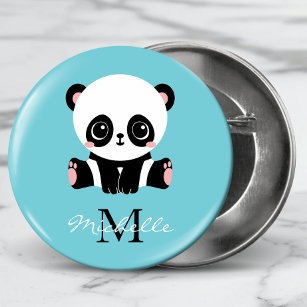 Badge Rond 5 Cm Monogram Cute Panda Personnalisé Bubble Gum Bleu