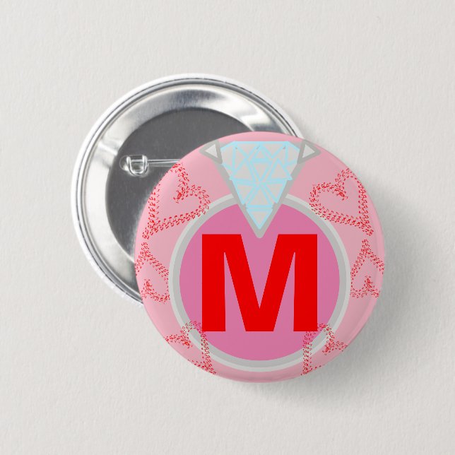 Badge Rond 5 Cm Monogramme Bleu Diamant Coeurs rouges (Devant & derrière)