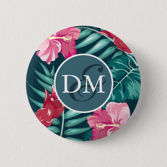 Badge Rond 5 Cm Monogramme de fleurs d'été exotiques (Devant)