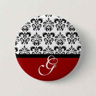 BADGE ROND 5 CM MONOGRAMME DE MARIAGE DAMASSÉ BLANC ROUGE