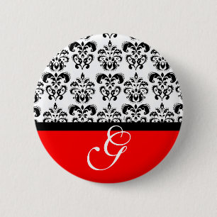 BADGE ROND 5 CM MONOGRAMME DE MARIAGE DAMASSÉ BLANC ROUGE