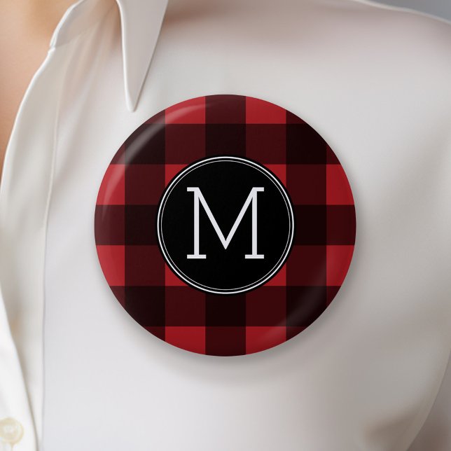 Badge Rond 5 Cm Monogramme de Motif de buffle rouge et noir rustiq (Custom Button with Monogram)