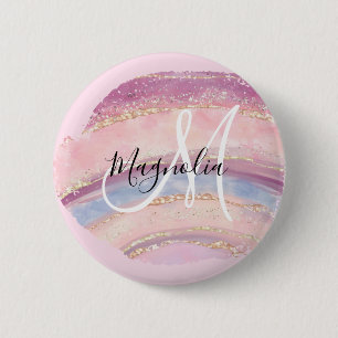Badge Rond 5 Cm Monogramme de pinceau bleu glam or rose